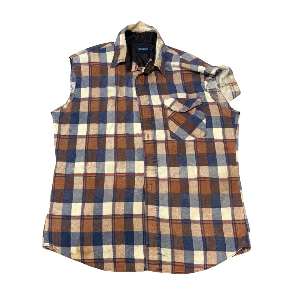 Vintage Sears Plaid Flannel Sleeveless Vest Distressed Brown Blue Mens Large